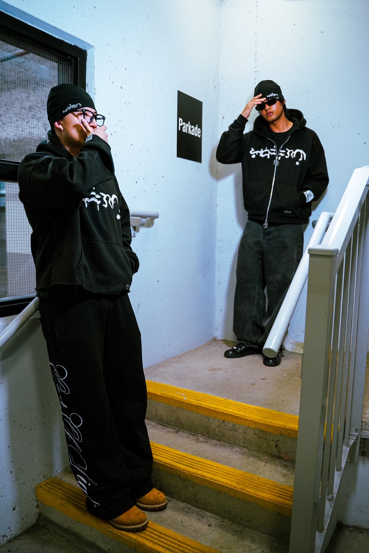 Streetwear editorial in a stairwell